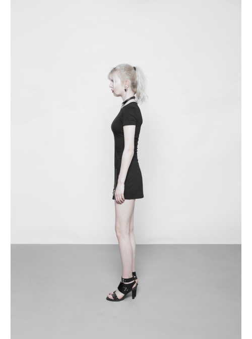 Steam Punk Female Black Elastic Slim Fitting Metal Zipper Dress