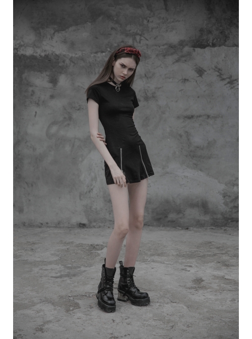 Steam Punk Female Black Elastic Slim Fitting Metal Zipper Dress