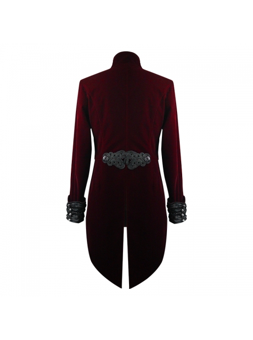Gothic Embroidered Metal Nail Black Jacquard Red Velvet Dovetail Men Coat