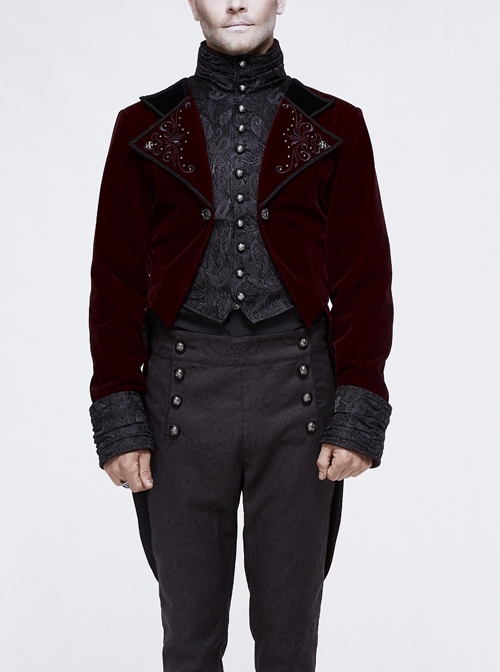 Gothic Embroidered Metal Nail Black Jacquard Red Velvet Dovetail Men Coat
