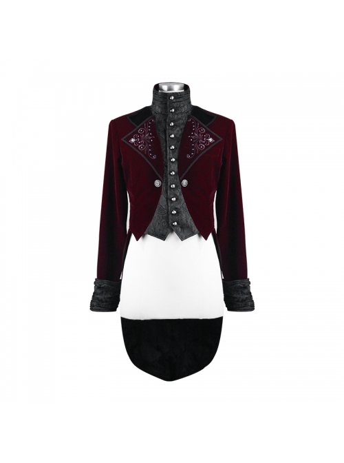 Gothic Embroidered Metal Nail Black Jacquard Red Velvet Dovetail Men Coat