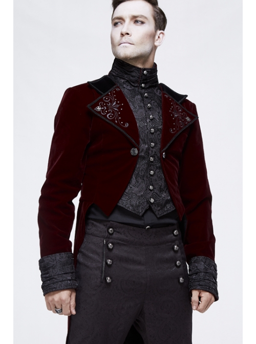 Gothic Embroidered Metal Nail Black Jacquard Red Velvet Dovetail Men Coat