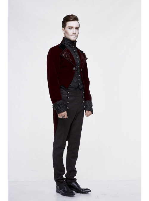 Gothic Embroidered Metal Nail Black Jacquard Red Velvet Dovetail Men Coat