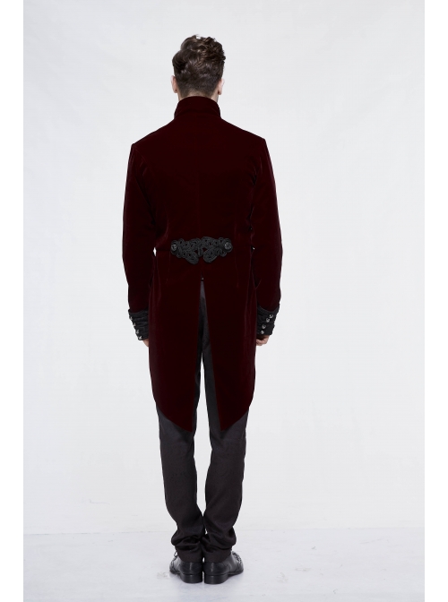 Gothic Embroidered Metal Nail Black Jacquard Red Velvet Dovetail Men Coat
