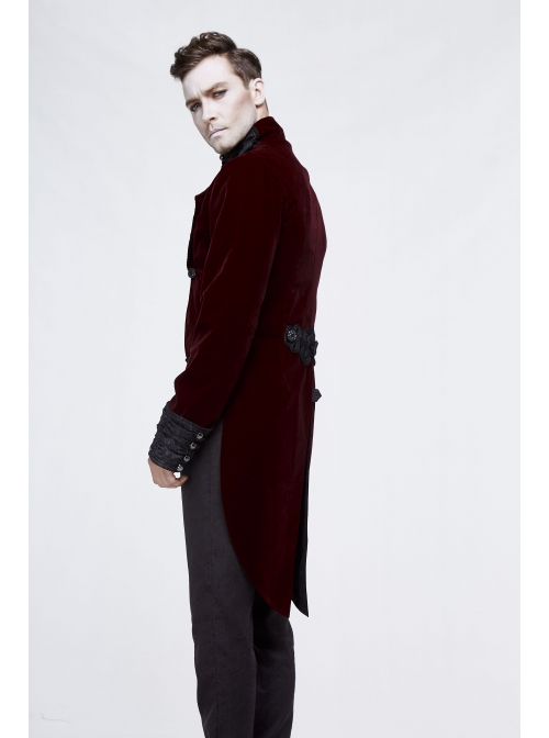Gothic Embroidered Metal Nail Black Jacquard Red Velvet Dovetail Men Coat