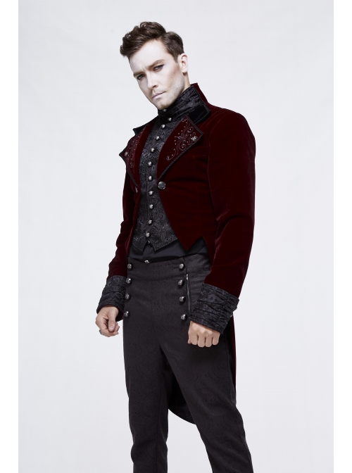 Gothic Embroidered Metal Nail Black Jacquard Red Velvet Dovetail Men Coat