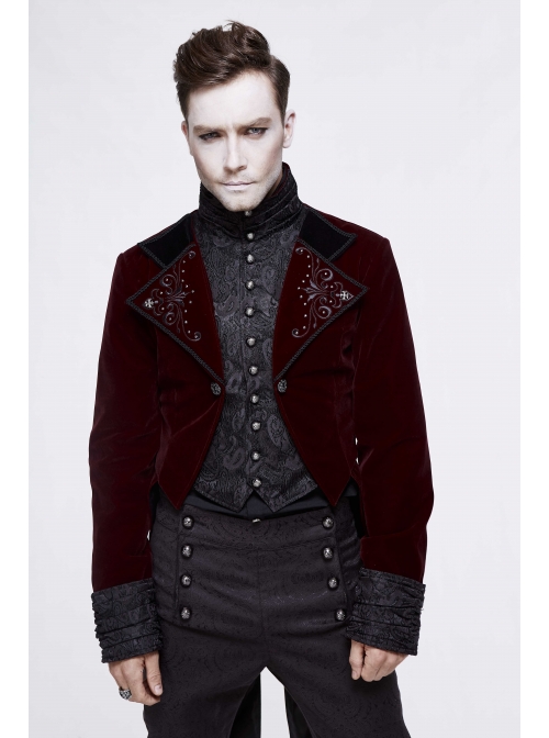 Gothic Embroidered Metal Nail Black Jacquard Red Velvet Dovetail Men Coat