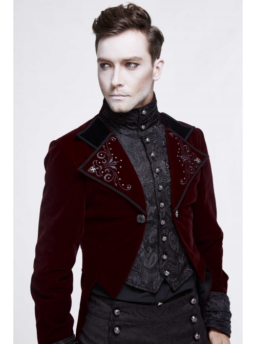 Gothic Embroidered Metal Nail Black Jacquard Red Velvet Dovetail Men Coat