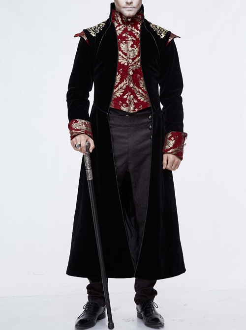Gothic Red Jacquard Gold Faded Buttons Black Fleece Men Long Coat