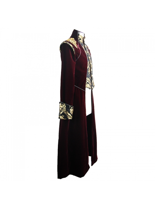 Gothic Black Jacquard Gold Faded Buttons Wine Red Fleece Men Long Coat