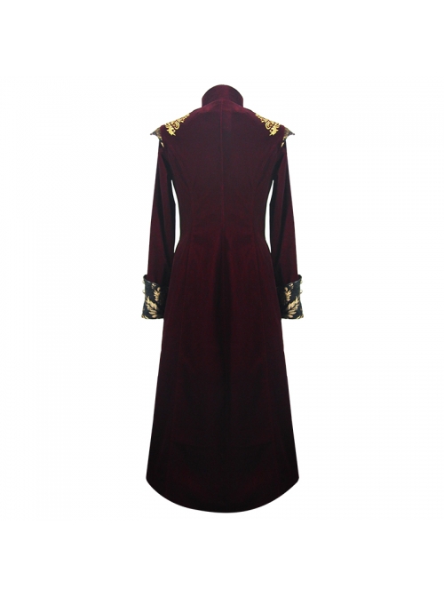 Gothic Black Jacquard Gold Faded Buttons Wine Red Fleece Men Long Coat