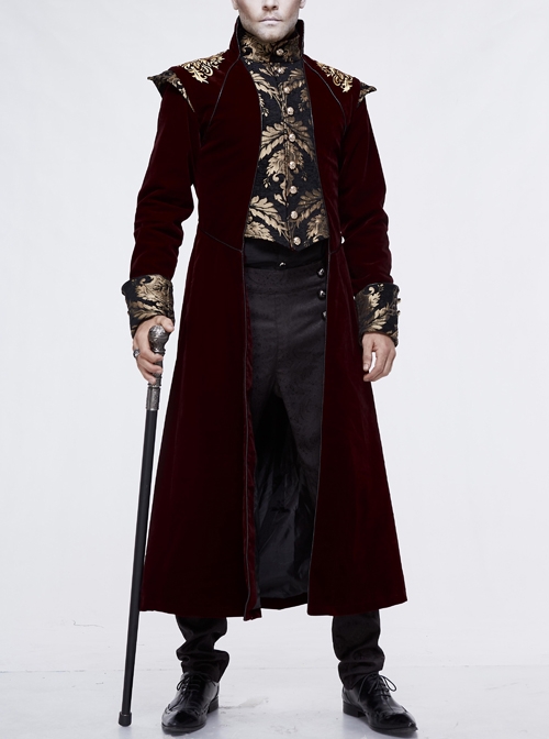 Gothic Black Jacquard Gold Faded Buttons Wine Red Fleece Men Long Coat