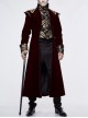 Gothic Black Jacquard Gold Faded Buttons Wine Red Fleece Men Long Coat