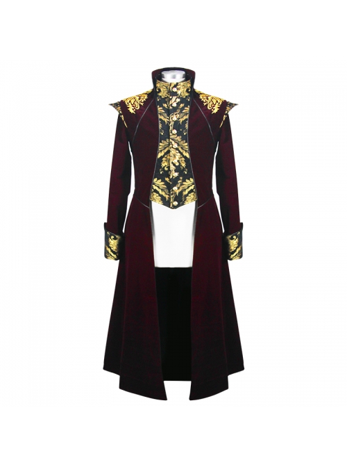 Gothic Black Jacquard Gold Faded Buttons Wine Red Fleece Men Long Coat ...