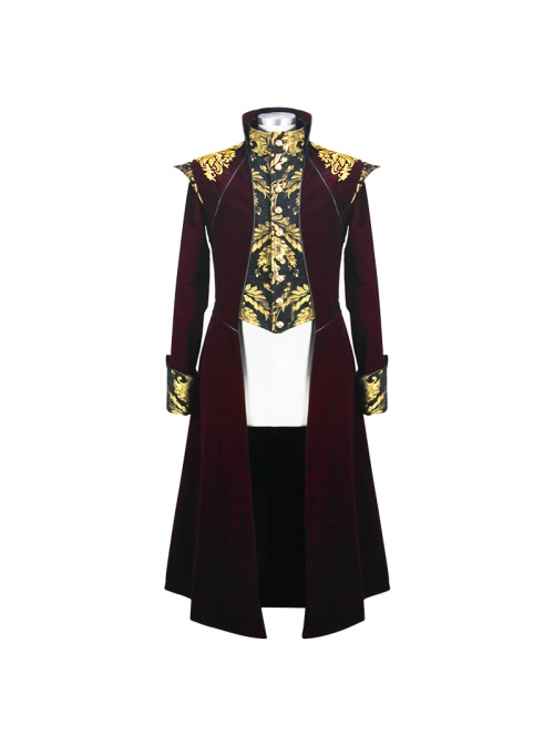 Gothic Black Jacquard Gold Faded Buttons Wine Red Fleece Men Long Coat