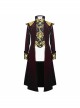 Gothic Black Jacquard Gold Faded Buttons Wine Red Fleece Men Long Coat