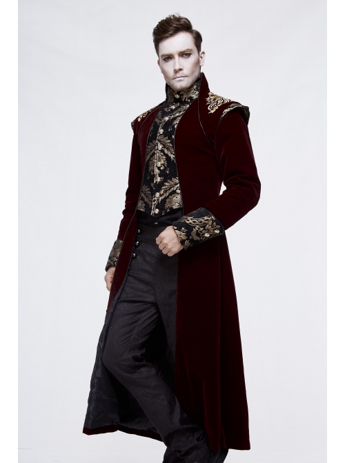 Gothic Black Jacquard Gold Faded Buttons Wine Red Fleece Men Long Coat ...