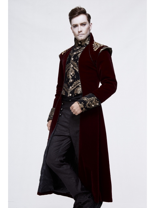 Gothic Black Jacquard Gold Faded Buttons Wine Red Fleece Men Long Coat