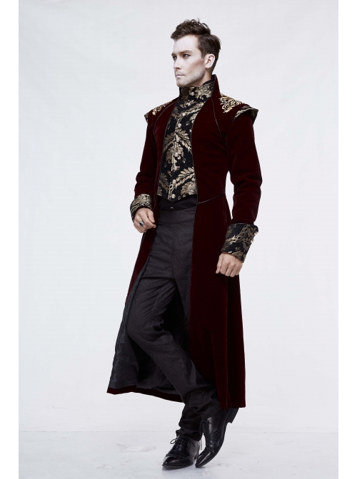 Gothic Black Jacquard Gold Faded Buttons Wine Red Fleece Men Long Coat