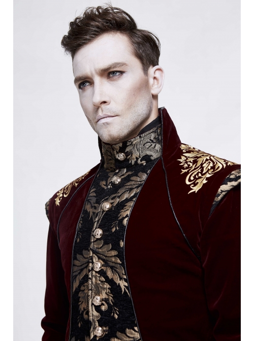 Gothic Black Jacquard Gold Faded Buttons Wine Red Fleece Men Long Coat