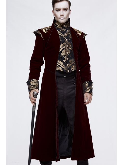 Gothic Black Jacquard Gold Faded Buttons Wine Red Fleece Men Long Coat