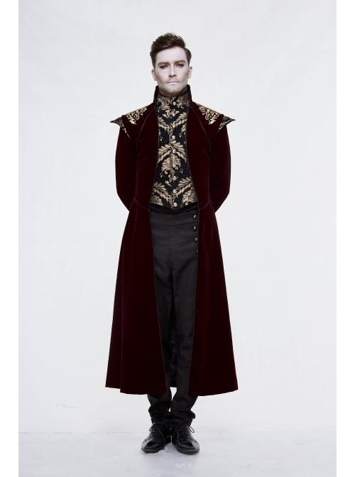 Gothic Black Jacquard Gold Faded Buttons Wine Red Fleece Men Long Coat