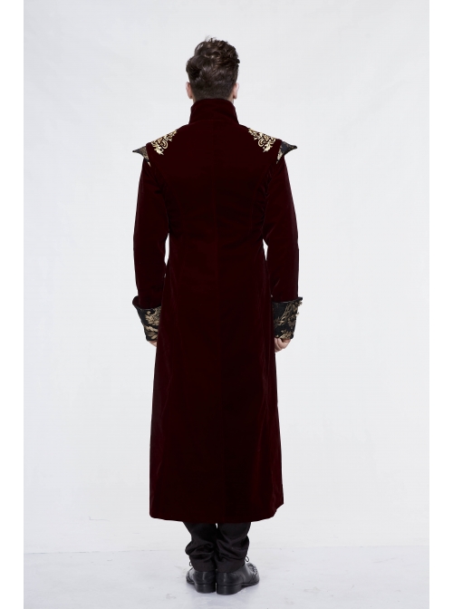 Gothic Black Jacquard Gold Faded Buttons Wine Red Fleece Men Long Coat
