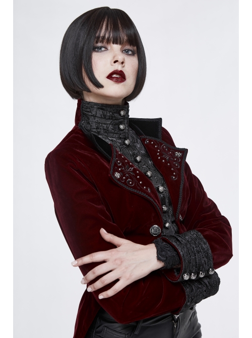 Gothic Black Jacquard Lapel Embroidered Metal Nail Women Wine Red Velveteen Swallowtail Coat