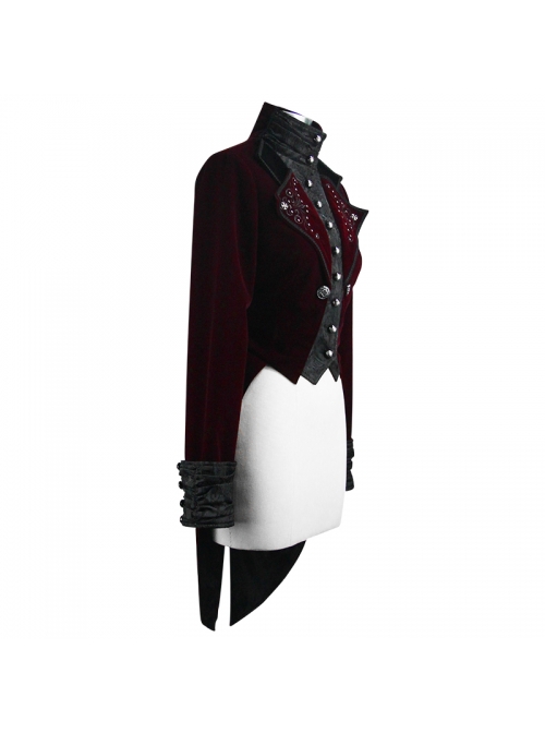 Gothic Black Jacquard Lapel Embroidered Metal Nail Women Wine Red Velveteen Swallowtail Coat