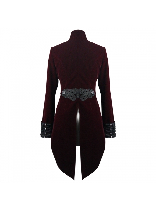 Gothic Black Jacquard Lapel Embroidered Metal Nail Women Wine Red Velveteen Swallowtail Coat
