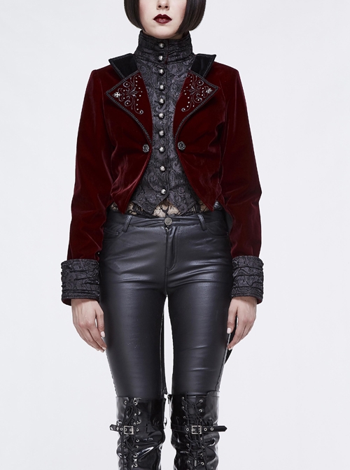 Gothic Black Jacquard Lapel Embroidered Metal Nail Women Wine Red Velveteen Swallowtail Coat