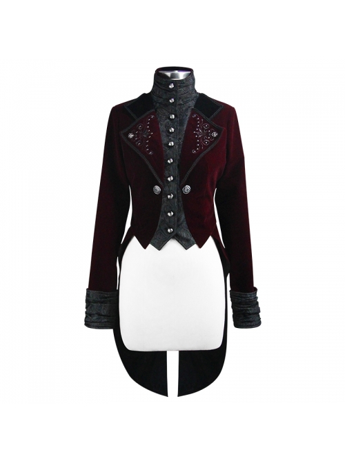 Gothic Black Jacquard Lapel Embroidered Metal Nail Women Wine Red Velveteen Swallowtail Coat