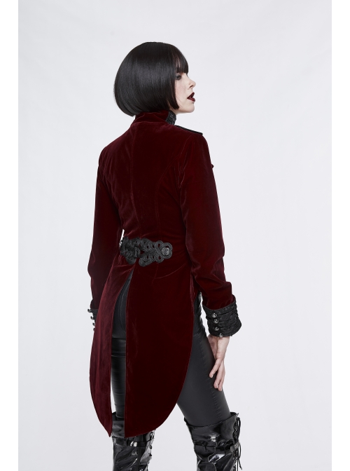 Gothic Black Jacquard Lapel Embroidered Metal Nail Women Wine Red Velveteen Swallowtail Coat