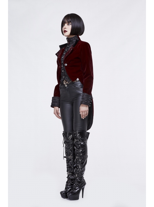 Gothic Black Jacquard Lapel Embroidered Metal Nail Women Wine Red Velveteen Swallowtail Coat