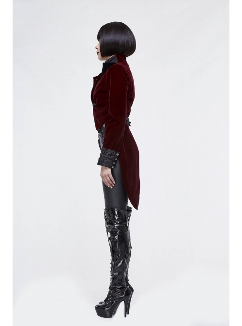 Gothic Black Jacquard Lapel Embroidered Metal Nail Women Wine Red Velveteen Swallowtail Coat
