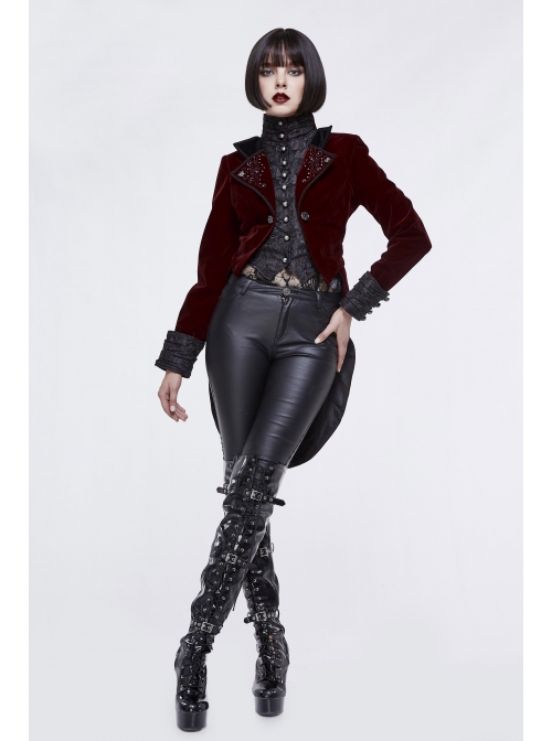 Gothic Black Jacquard Lapel Embroidered Metal Nail Women Wine Red Velveteen Swallowtail Coat