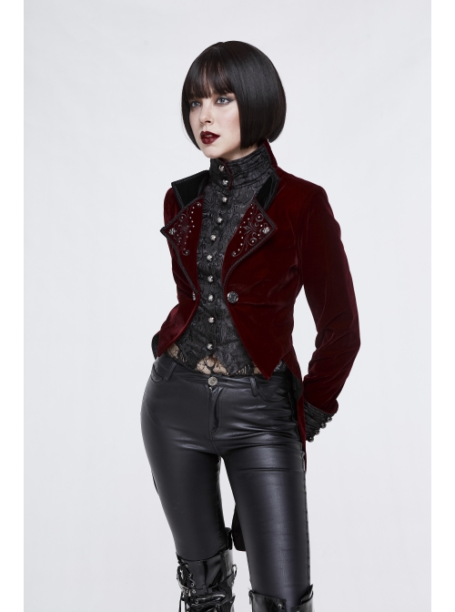 Gothic Black Jacquard Lapel Embroidered Metal Nail Women Wine Red Velveteen Swallowtail Coat