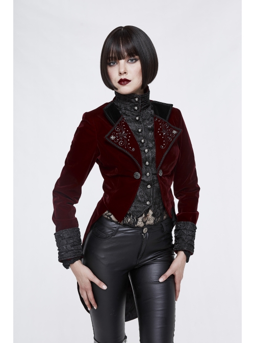 Gothic Black Jacquard Lapel Embroidered Metal Nail Women Wine Red Velveteen Swallowtail Coat