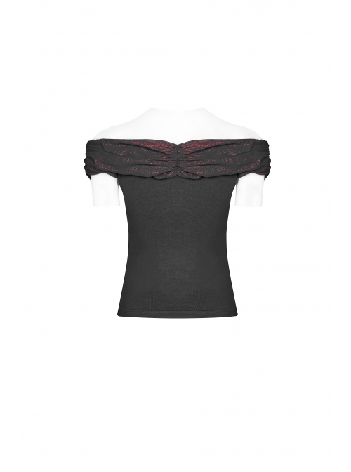 Chest Positioning Flower Pattern Off-Shoulder Black Gothic Knit Short T-Shirt
