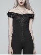 Chest Positioning Flower Pattern Off-Shoulder Black Gothic Knit Short T-Shirt