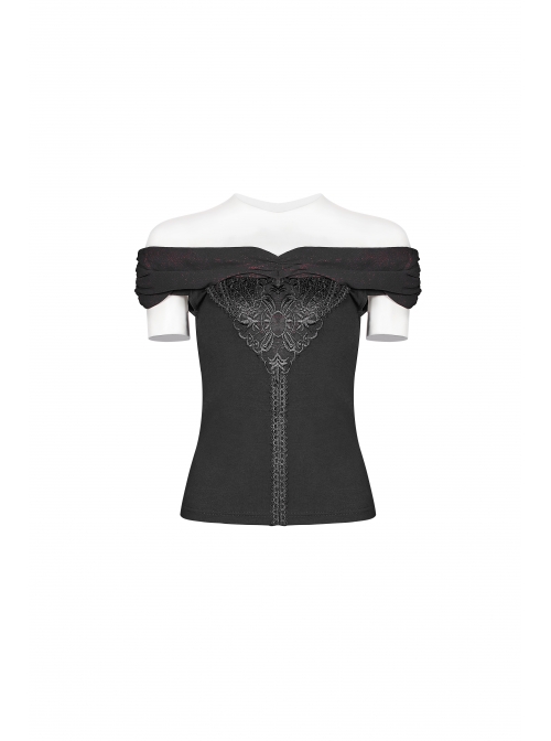 Chest Positioning Flower Pattern Off-Shoulder Black Gothic Knit Short T-Shirt