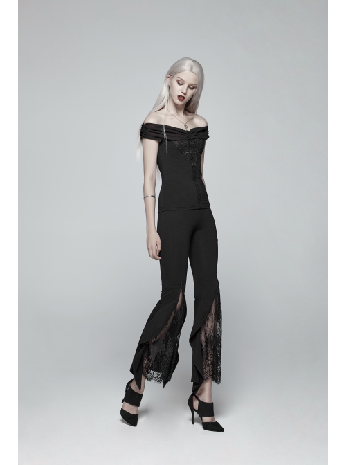 Chest Positioning Flower Pattern Off-Shoulder Black Gothic Knit Short T-Shirt