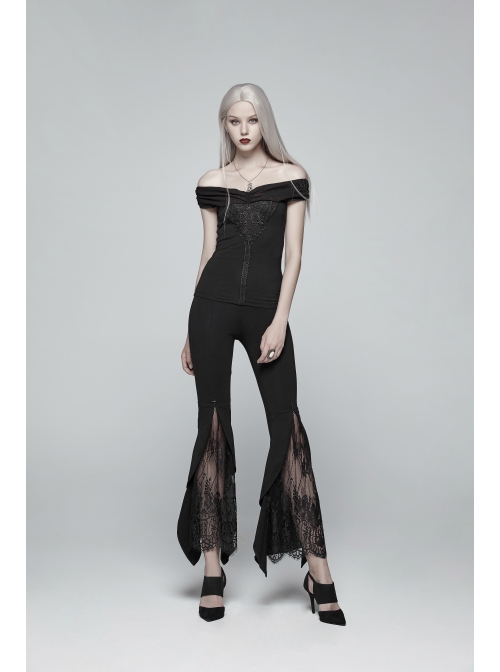 Chest Positioning Flower Pattern Off-Shoulder Black Gothic Knit Short T-Shirt