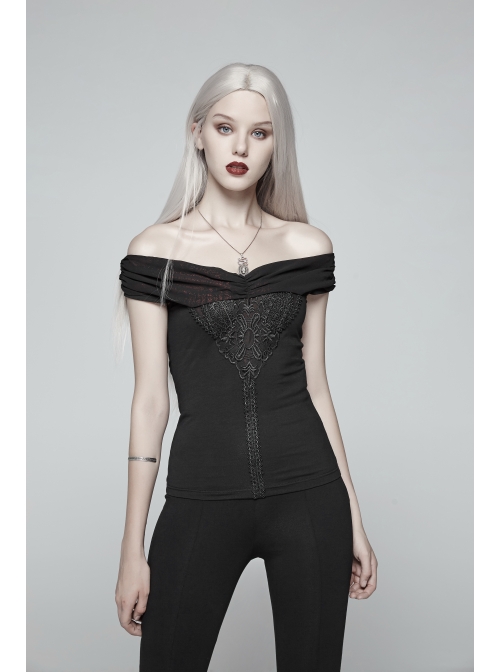 Chest Positioning Flower Pattern Off-Shoulder Black Gothic Knit Short T-Shirt