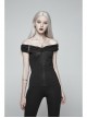 Chest Positioning Flower Pattern Off-Shoulder Black Gothic Knit Short T-Shirt
