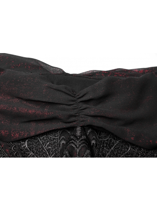 Chest Positioning Flower Pattern Off-Shoulder Black Gothic Knit Short T-Shirt