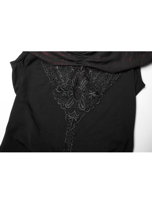 Chest Positioning Flower Pattern Off-Shoulder Black Gothic Knit Short T-Shirt