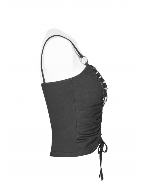 Chest Metal D-Buckle Rivet Woven Strap Lace-Up Hem Black Punk Knit Camisole