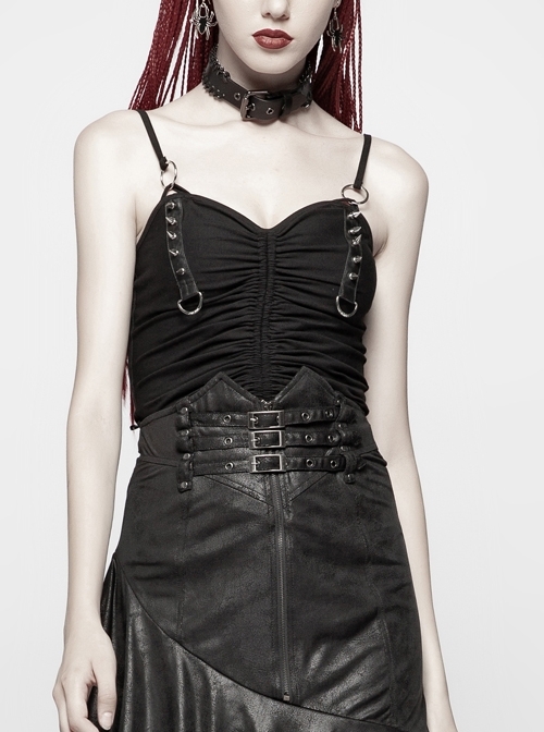 Chest Metal D-Buckle Rivet Woven Strap Lace-Up Hem Black Punk Knit Camisole