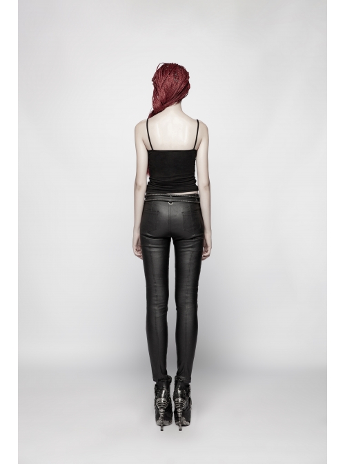 Chest Metal D-Buckle Rivet Woven Strap Lace-Up Hem Black Punk Knit Camisole